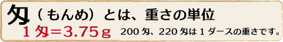 匁とは、重さの単位
一匁＝3.75ｇ